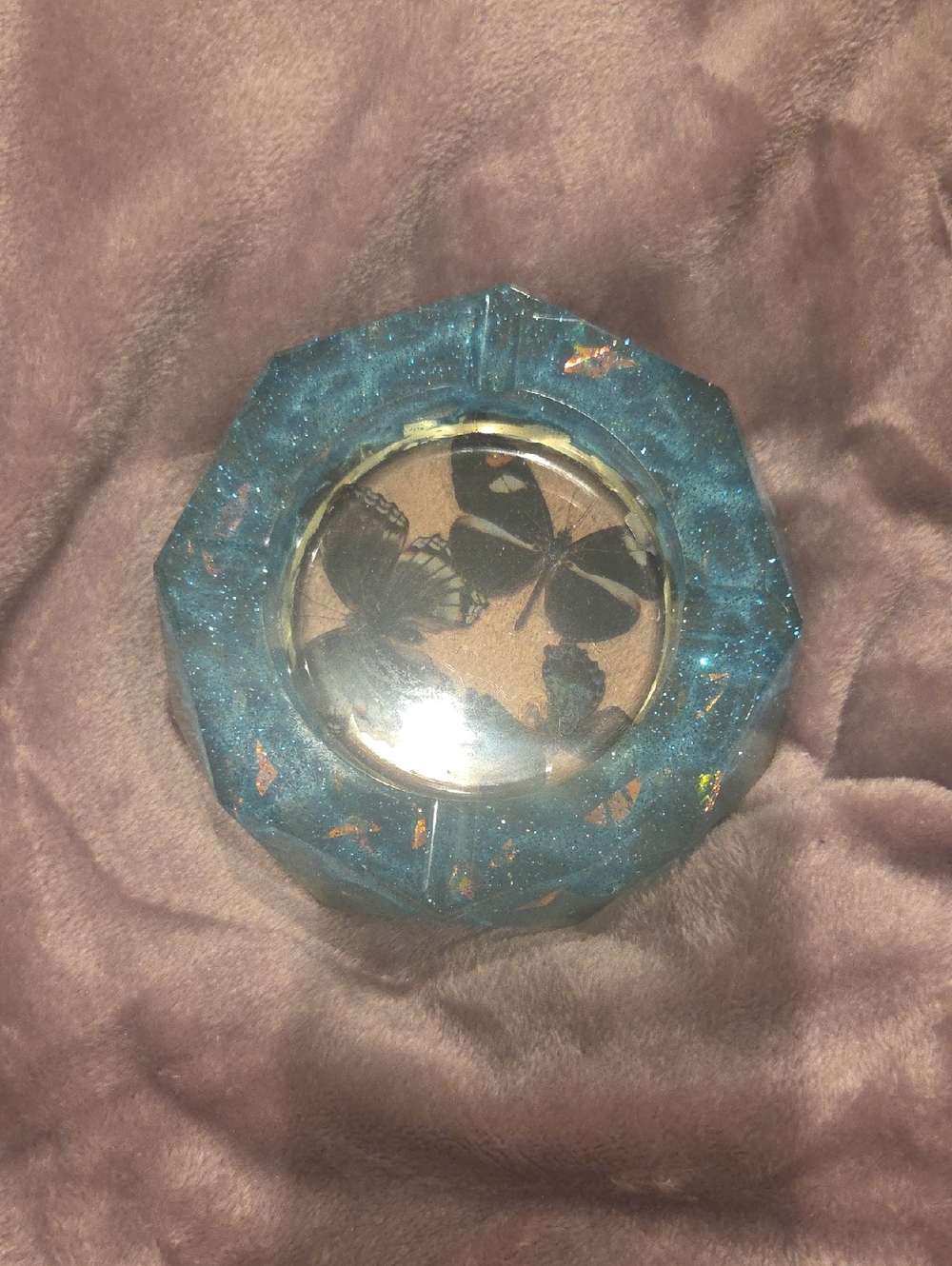 Blue Glitter Resin Trinket Dish with Butterfly Inlay